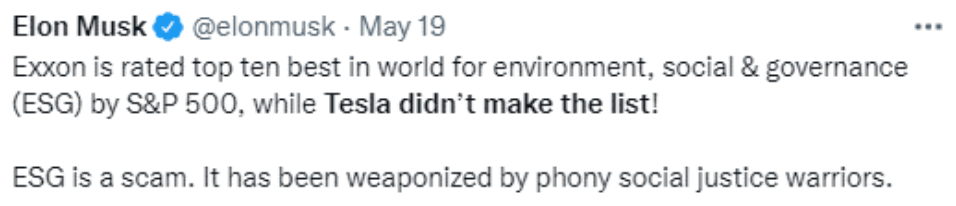 elon musks tweet about exxon being rated top 10 for environment, social and governance by s&p 500